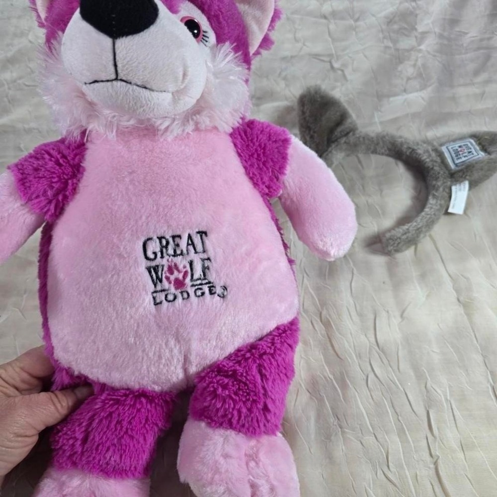 Great Wolf Lodge Pink Plush Wolf Stuffed Animal and Grey Ear Headband Set Fiesta